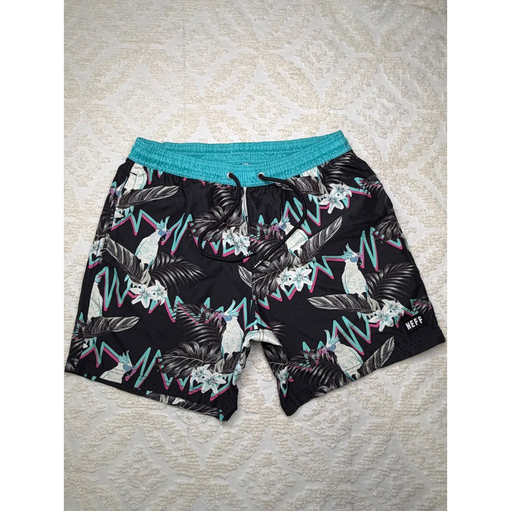 Neff Tropical Cockatoo Board Shorts Black Teal Medium Swim Trunks Retro Surf